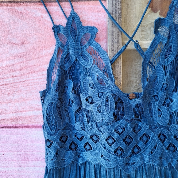 Free People Navy Blue Adella Lace Smocked Back Ruffle Hem Maxi Slip Dress Small - Picture 10 of 11